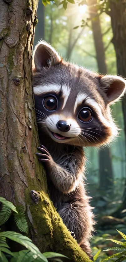 Adorable cartoon raccoon in a forest, ideal for wallpapers.