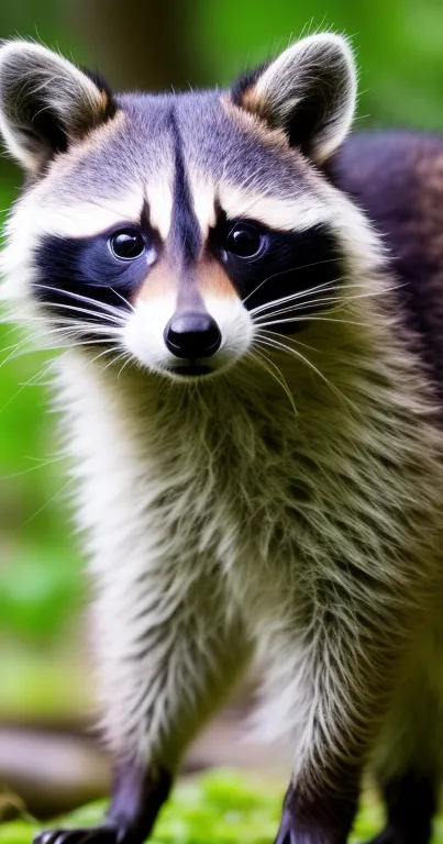 Adorable raccoon standing in lush green forest background.