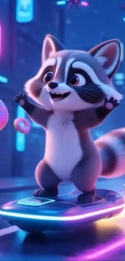 An adorable raccoon riding a hoverboard in a neon-lit city.