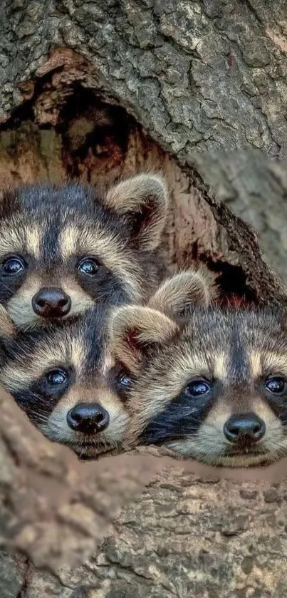 Three raccoons peek out from a tree hollow, capturing a charming wildlife scene.