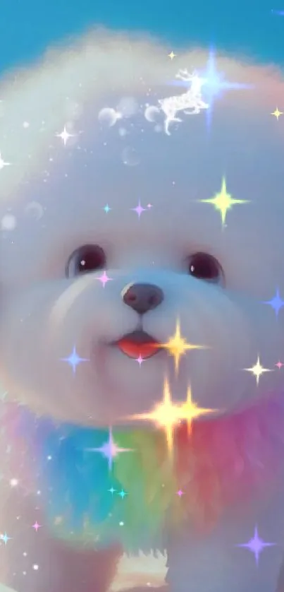 Fluffy white puppy with rainbow scarf in dreamy clouds.