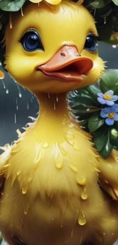 Cute duckling with flowers in rain.