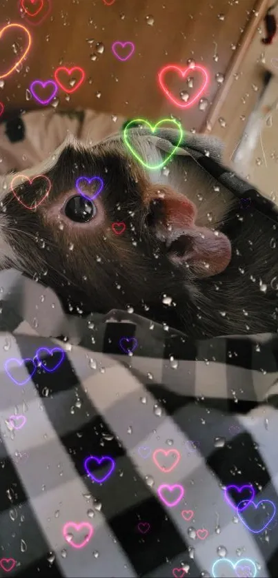 Cute rat with neon hearts and raindrop effects on blanket.