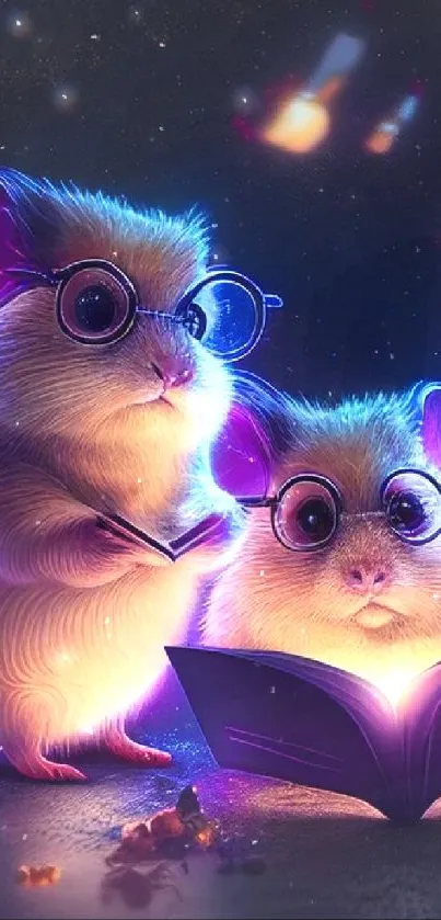 Three cute mice wearing glasses reading a glowing book in a magical setting.