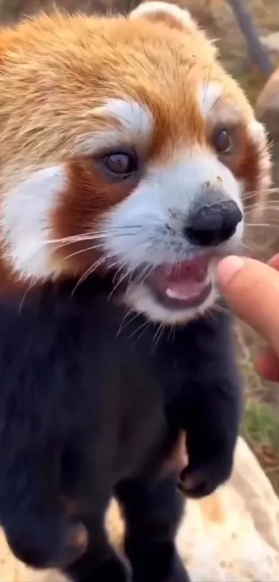 Cute red panda reaching for food in a vibrant nature background.