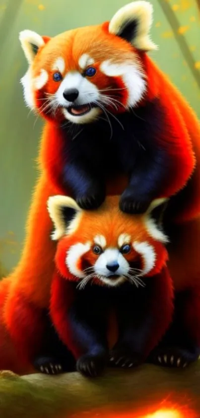 Adorable red pandas stacked in a forest setting.