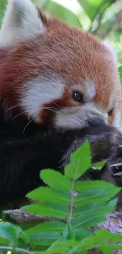 Adorable red panda among green leaves.