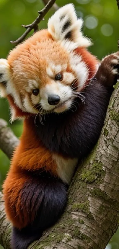 Adorable red panda climbing a tree in a lush green forest.