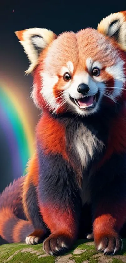 Smiling red panda with rainbow background, perfect for mobile wallpaper.