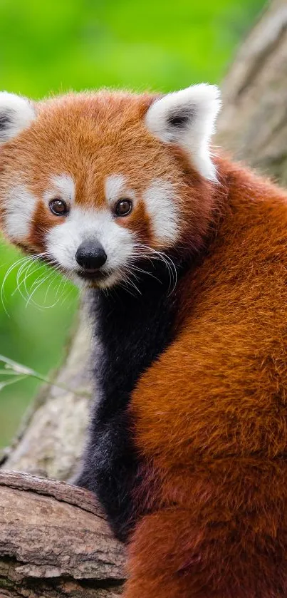 Adorable red panda on a tree, vivid green background.