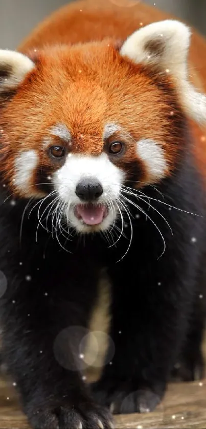 Adorable red panda with fluffy red fur on a wooden surface.