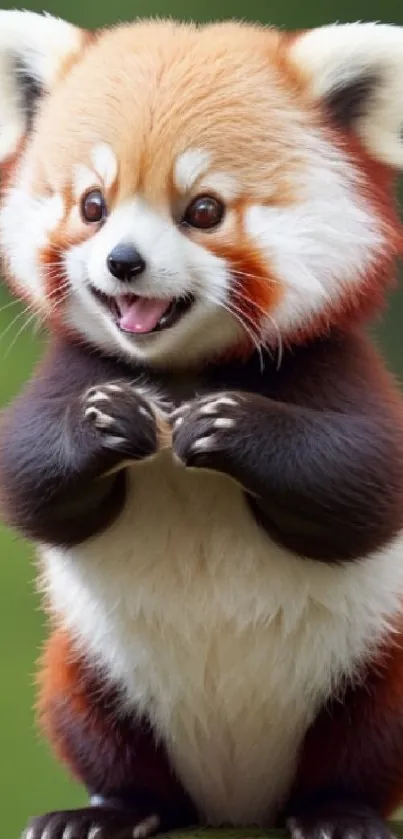 Adorable red panda standing on a log with a green background.