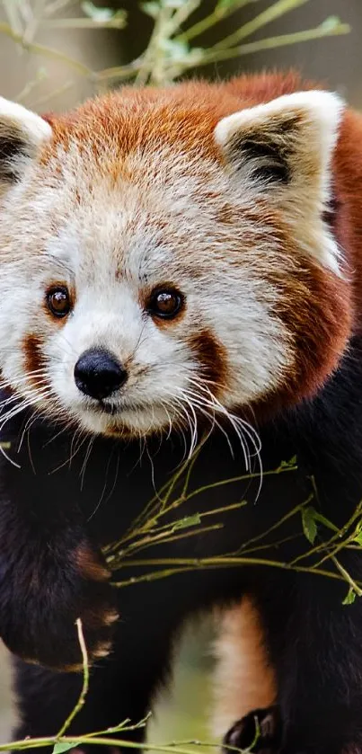 Red panda sitting near a tree in a natural forest habitat.