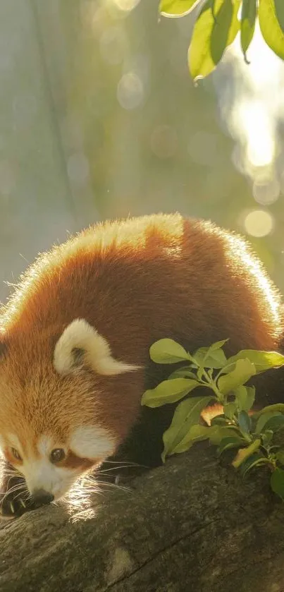 Red panda rests on tree limb amidst sunlit forest.