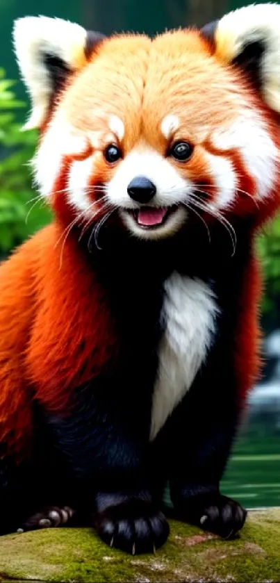 Adorable red panda sitting by water in lush forest.