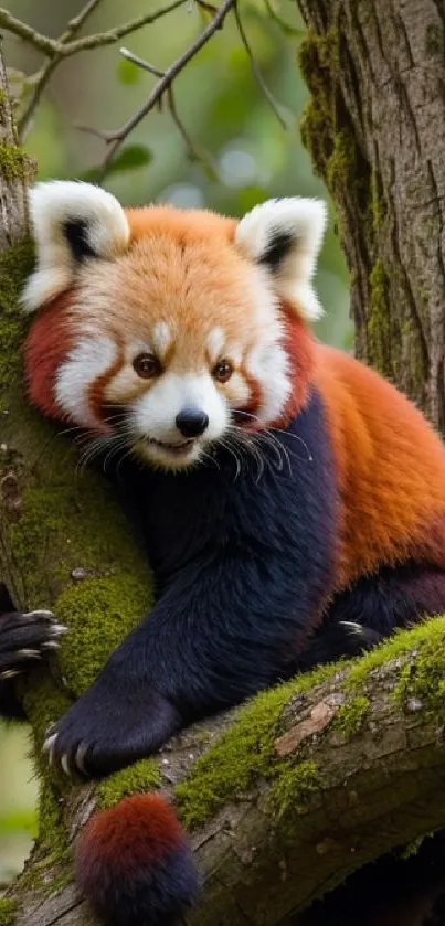 Adorable red panda resting on a tree branch in a lush forest.