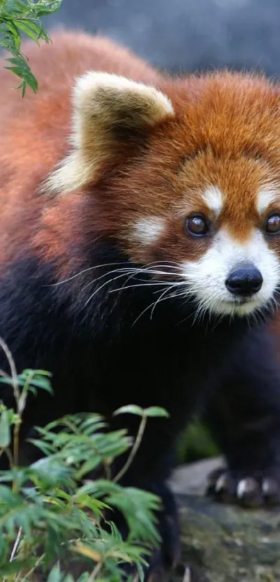 Adorable red panda in natural forest setting on a log.