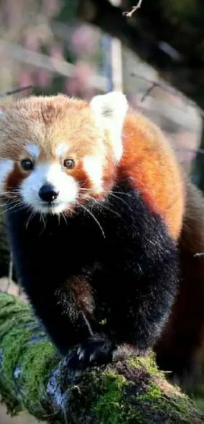 Red panda on a mossy branch, vibrant nature scene.