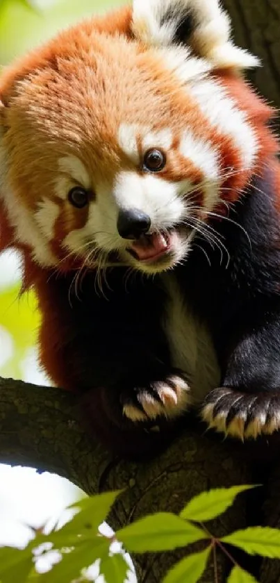 Cute red panda perched in a tree with lush green foliage surrounding it.