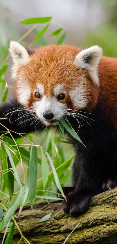 Adorable red panda on a branch with bamboo leaves.