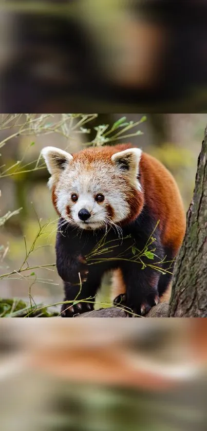 Red panda in forest setting mobile wallpaper.