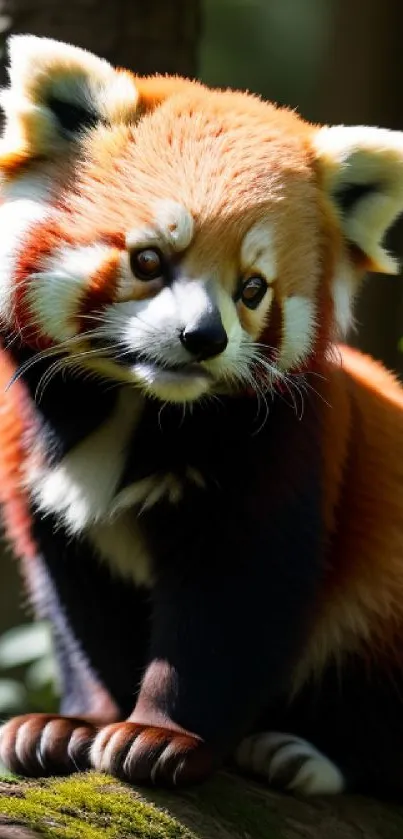 Adorable red panda resting on a branch in a lush green forest.