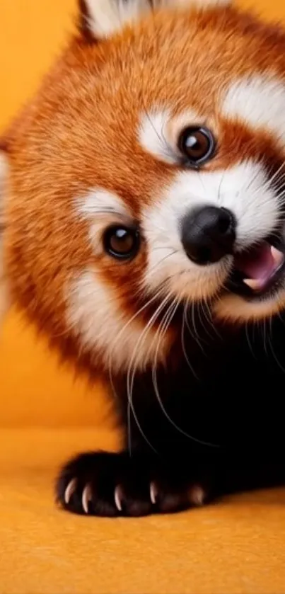 Adorable red panda on orange background.