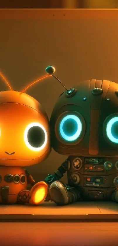 Two cute glowing robots on a screen, mobile wallpaper.