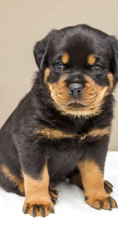 Adorable Rottweiler puppy sitting on a white surface, ready to charm any viewer.