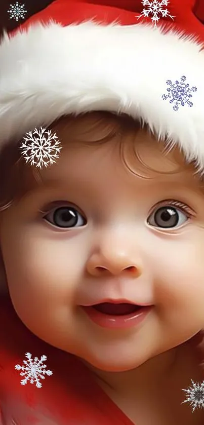 Cute baby in Santa hat with snowflakes.