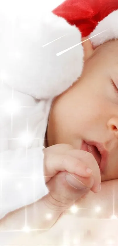 Sleeping baby in Santa hat, holiday wallpaper.