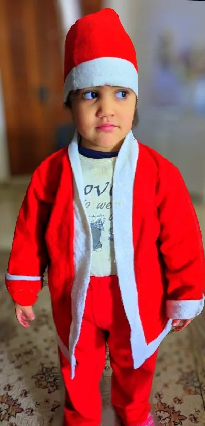 Child in Santa outfit brings holiday cheer to wallpaper.