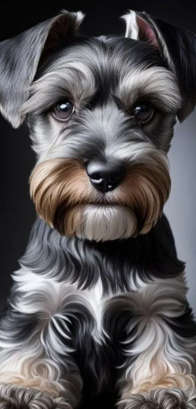 Adorable Schnauzer puppy looking cute and fluffy against a gray background.