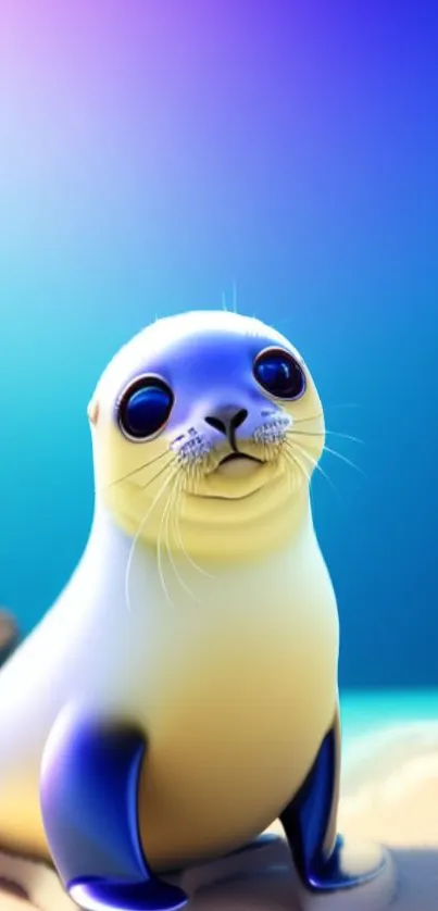 Adorable animated seal on a sandy beach with a beautiful blue sky background.