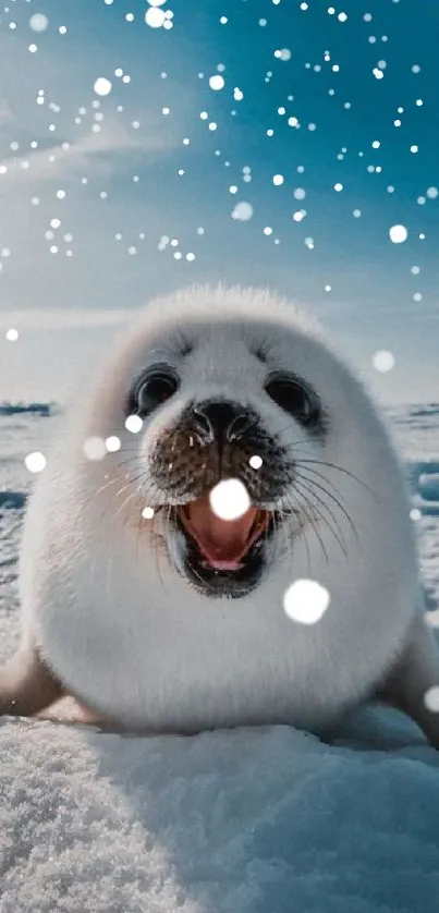 Adorable baby seal on icy snow under a blue sky.