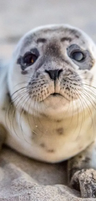 Cute seal lying on a sandy beach, perfect for nature-themed wallpapers.