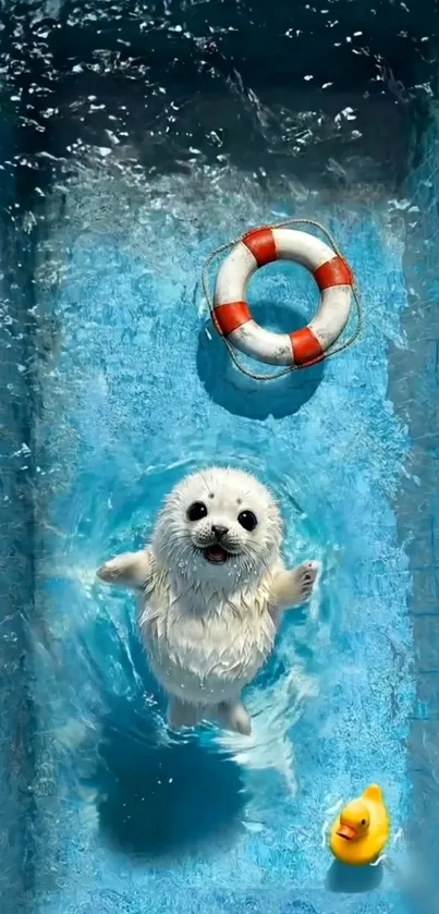 Cute seal with rubber duck in a pool.