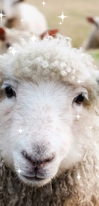 Close-up of a cute sheep in a green field with other sheep in the background.