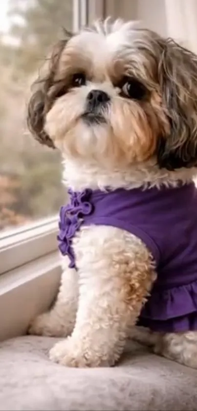 Shih Tzu in purple outfit sitting by the window.