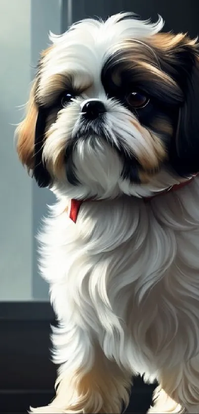 A cute Shih Tzu dog with white and brown fur sitting by a window.