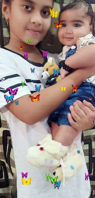 Heartwarming mobile wallpaper with siblings and butterflies.