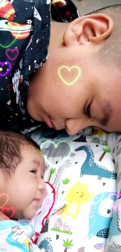 A brother and baby sharing a sweet moment on a playful, colorful blanket.