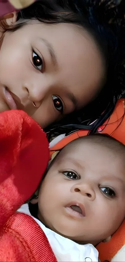 Adorable siblings snuggle in colorful blankets, creating a warm phone wallpaper.