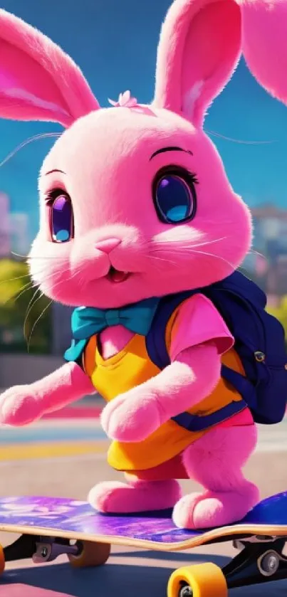 Pink bunny skating in vibrant cityscape.