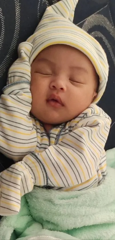 Adorable baby sleeping in striped outfit and cozy blanket.