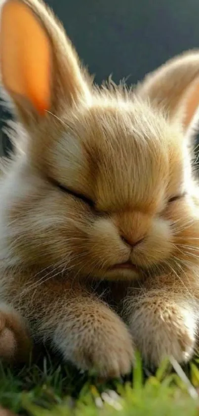 Adorable sleeping bunny on green grass wallpaper.