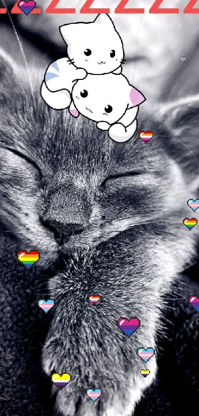 Adorable cat sleeping with cartoon kittens on head, black and white theme.