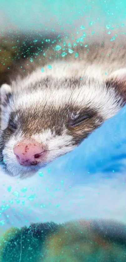 Adorable sleeping ferret on a blue blanket wallpaper.