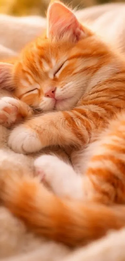 Adorable orange kitten sleeping peacefully on a soft blanket.