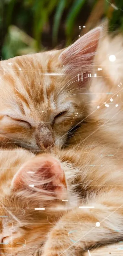 Adorable kittens sleeping with digital art overlay.